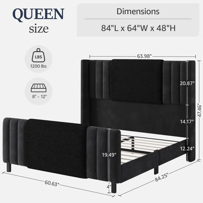 Queen Size Bed Frame with Tall Headboard and Footboard, Boucle and Velvet Upholstered Bed Frame Queen with LED Lights