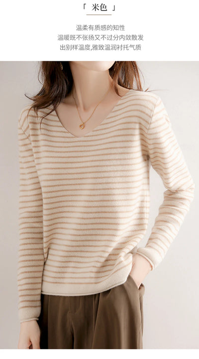 New Striped V-neck Sweater Women's All-Match Loose Sweater Fall Winter Fashion Bottoming Shirt Inner Wear Blouse