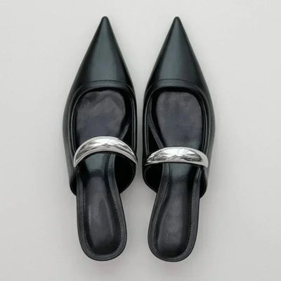 Chunky Pointed Toe Slippers Women Metal Buckle Retro Slides Female Comfy Fashion Low Heel Sandals Designer Mules Pumps Women