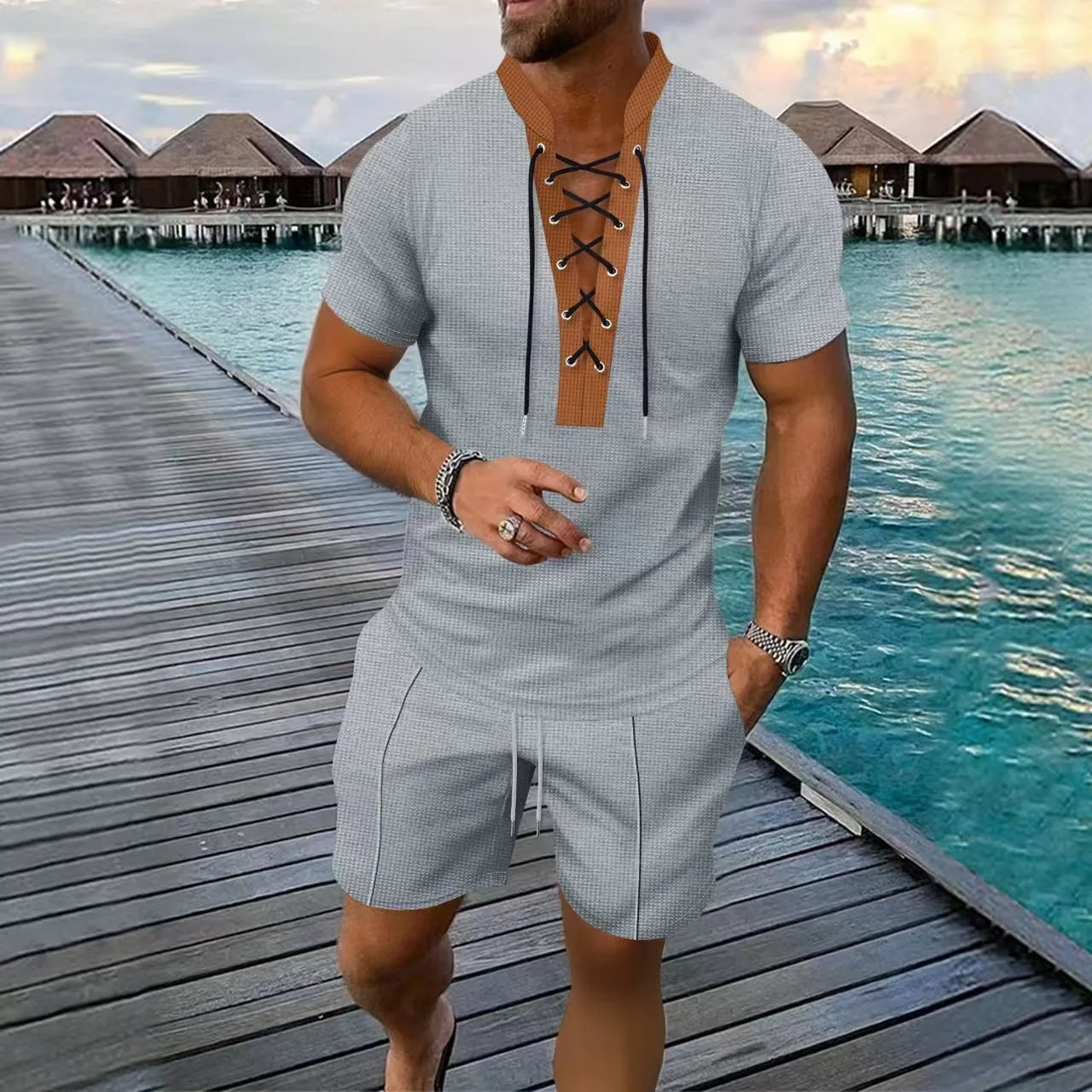 The 2025 men's new waffle checkered round-neck fashionable top, a two-piece casual suit with a rope short sleeve and shorts