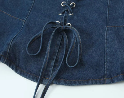 2025 Sexy Square Collar Blue Denim Camis Sexy Corset Women Front Cross Lacing up Bandage Bow Tank Tops Back Zipper Slim Crop Top