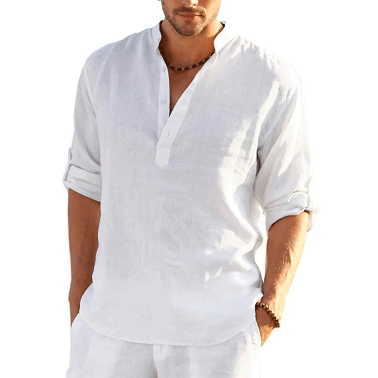 Men Cotton Linen T-shirts Summer V Collarless Long Sleeve Solid Sand Beachwear Office Man Tee Shirt Tops BSDFS-ZT167