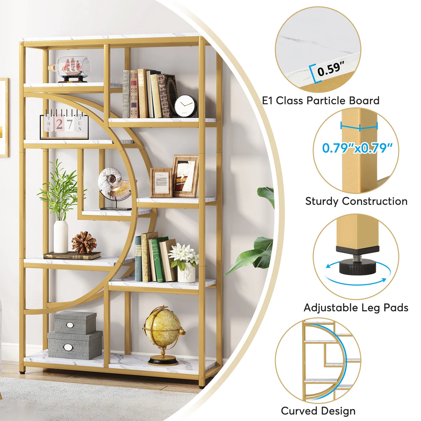 Bookshelf Industrial 5 Tier Etagere Bookcase, Freestanding Tall Bookshelves Display Shelf Storage Organizer