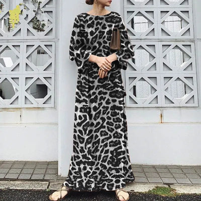 2025 Fashion Leopard Printing Maxi Dress Women's Spring Sundress Elegant Casual Long Sleeve Vintage Long Dresses Vestidos Female