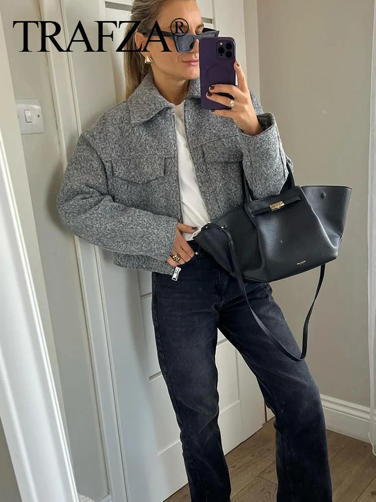 TRAFZA Women Vintage Casual Chic Solid Jackets Turn-down Collar Pockets Zipper Long Sleeve Coats Female Fashion 2024 Spring Coat
