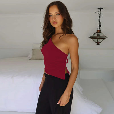 Women's Sexy Diagonal Shoulder Strap Sleeveless Backless Tight Top Seaside Nightclub Party 2024 New Model
