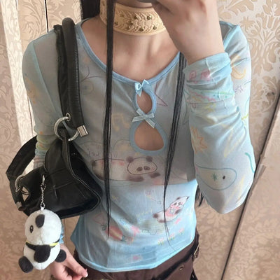 Yedinas Y2k Blue Mesh Tops Long Sleeve T Shirt Women Clothes Slim Spring Tops See Through Sheer Tshirts Grunge Aesthetics Tees