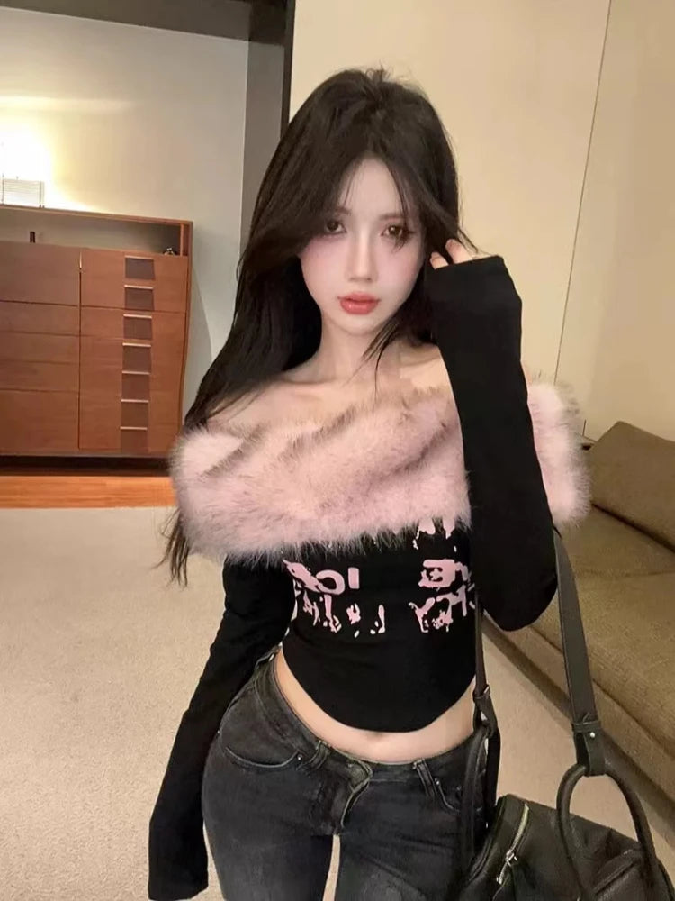 Autumn Winter Korean Fashion Coquette Slash Neck T-Shirt Women Hot Girl Tee Tops Design 2000s Aesthetic Vintage Old Money Y2k