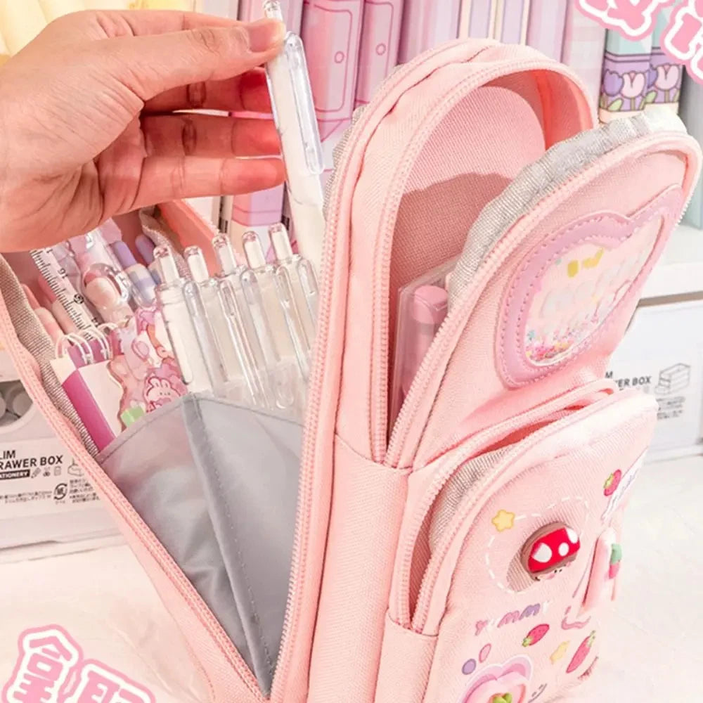 3Layer 6 Pockets Large Capacity Schoolbag shape Pencil Case Pencil Bag Aesthetic Stationery Holder Bag Girls Zipper Pencil Pouch
