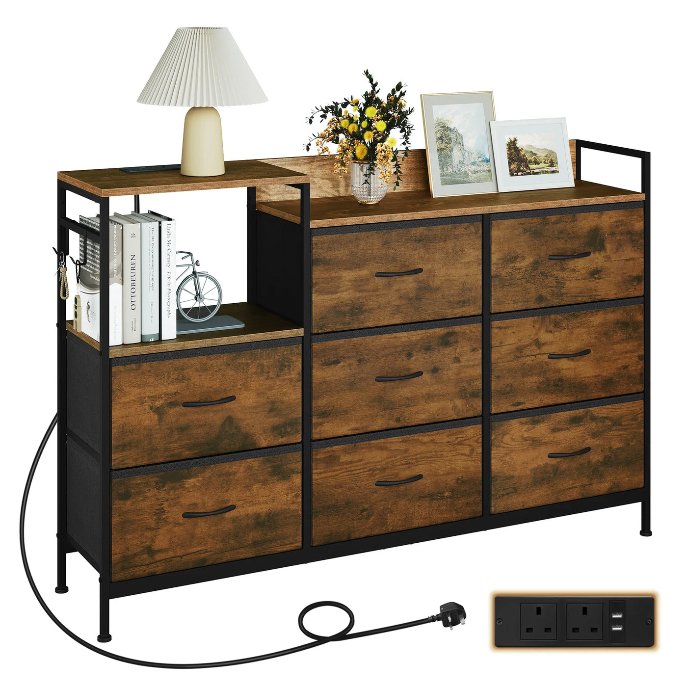 Chest of Drawers with 8 Fabric Drawer Sideboard Storage Cabinet for Kitchen Office with Charging Sockets Steel Frame 132x88x30cm