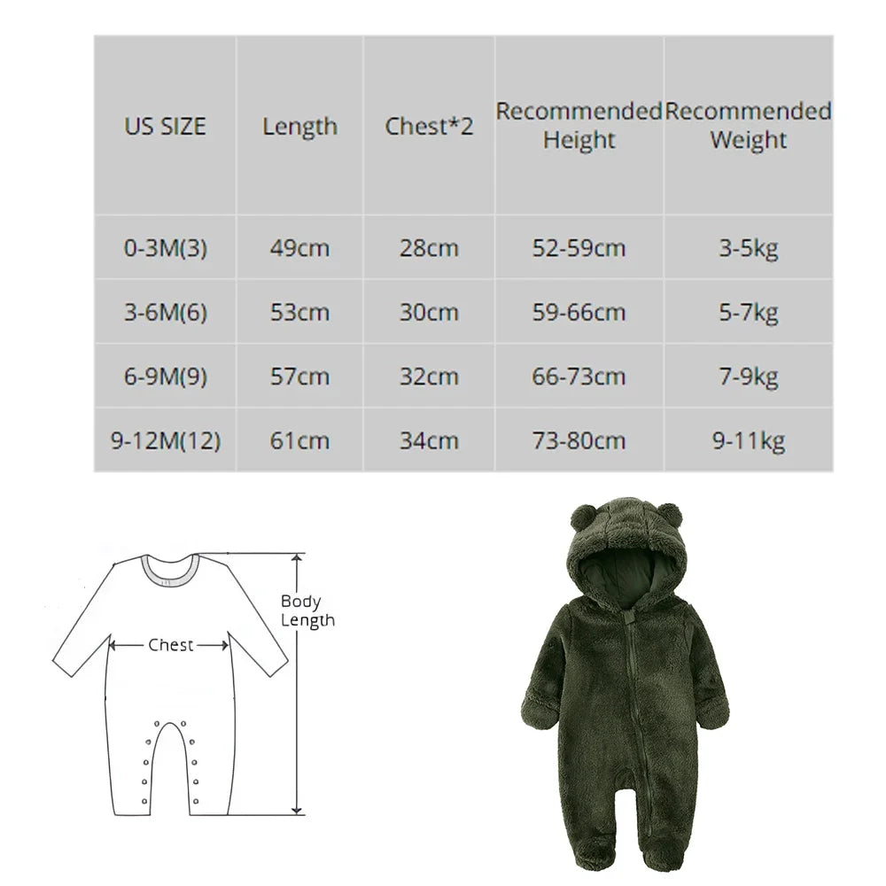 2025 Baby Winter Thick Romper Cotton Warm Long Sleeve Girl Jumpsuit Clothes 0-24M Newborn Boy Bear Fleece Hooded Pyjamas