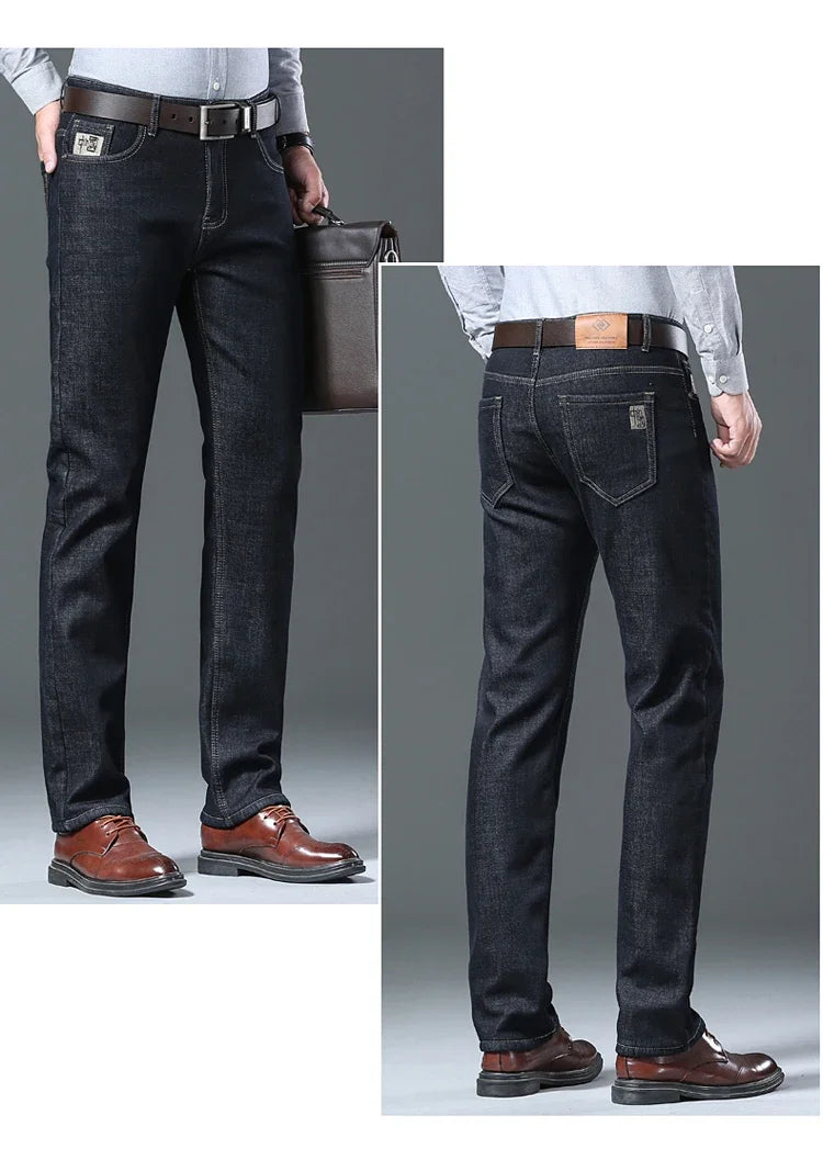 Men's Wool Velvet Jeans Winter Fleece Thickened Business Casual Straight Denim Pants Soft Cozy Thermal Stretch Trousers Male