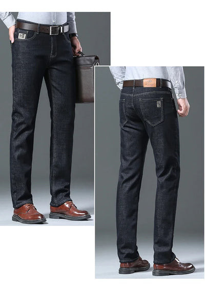 Men's Wool Velvet Jeans Winter Fleece Thickened Business Casual Straight Denim Pants Soft Cozy Thermal Stretch Trousers Male