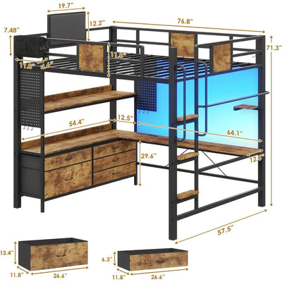 Loft Bed with L-Shaped Desk Full Size,Full Size Bed Frame with 5 Storage Drawers, Bunk Bed with Desk,1 Bedside Organizer