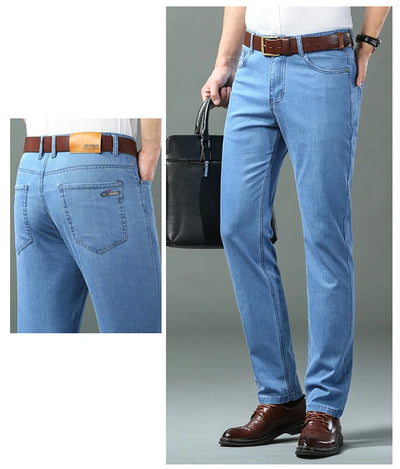 Spring/summer Thin Denim Straight Cotton Stretch Jeans Men Business Casual Cloth High Waist Ice Silk Lightweight Trousers
