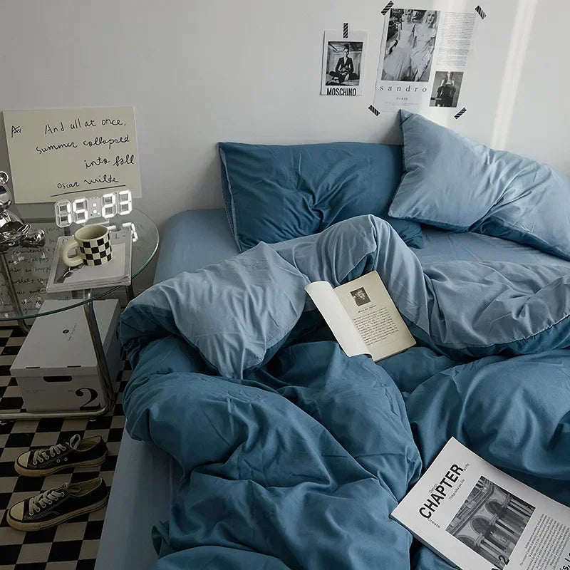 High Quality  Solid Color Double Washed Cotton Bedding 4 Pieces Set Student Dormitory Bed Linen Duvet Set Bed Suit