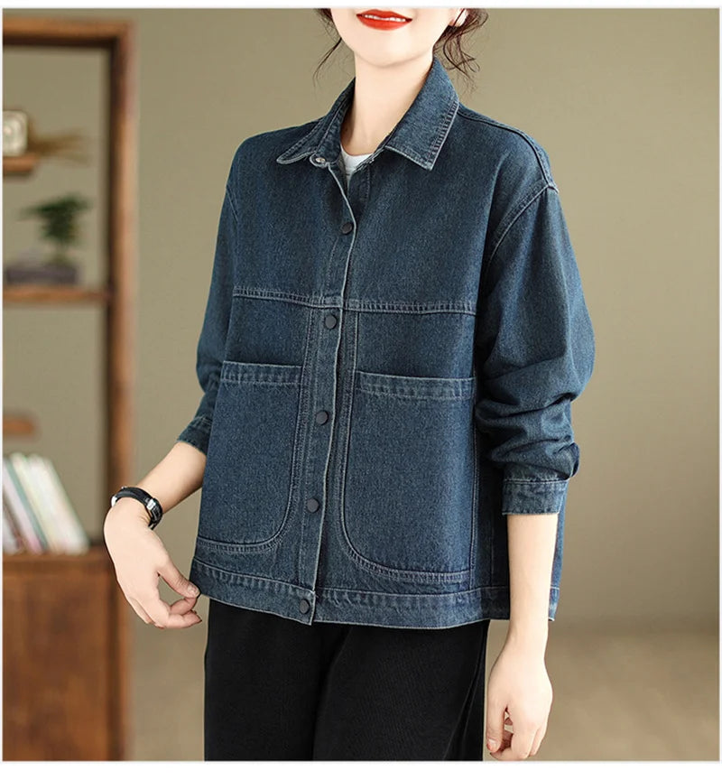 2025 New Autumn Women Denim Jacket Retro Long Sleeve Jeans Jacket Female Loose Casual Denim Coat Outwear Overwear