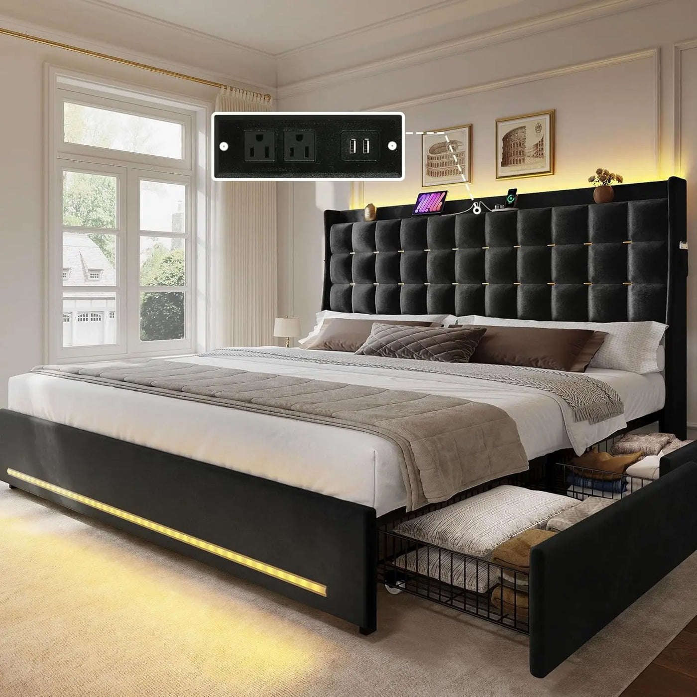 LED Lights with 4 Drawers , Queen/king Bed Frame Velvet Upholstered Platform Bed, No Box Spring Needed, Easy Assembly