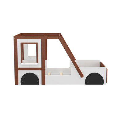 Fun Play Design Twin Size Car Bed for Kids Boys Girls Teens, White and Orange Solid Wood Frame