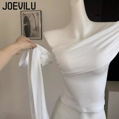 2025 New Sexy Off Shoulder Tops Women Ruffle Sleeve Asymmetric Slim Fit Short Sleeve T-Shirt Y2K Summer Fashion Elegant Clothes