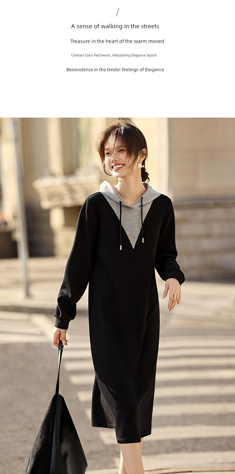 Xwi Xin Not Contrast Color Patchwork Hoodie Dress Female 2024 Autumn Simplicity Generous Slimming Elegant Long Dress