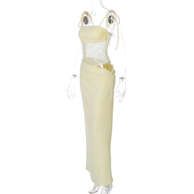 Sexy Bandage Mesh Patchwork Long Dress for Women Lace-up See-through Asymmetrical Evening Party Dresses Lady Gowns High Street