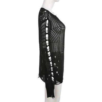 Women's Vintage Gothic Hollow Knit Sweater with Ripped Holes Grunge Y2K Style Thin Long Sleeve Loose Fit Summer Top in Black