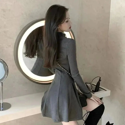 Xpqbb Women Elegant Waist-Tight Mini Dress 2025 Autumn Winter Long Sleeve Slim Dresses Woman Korean Fashion Party Pleated Dress