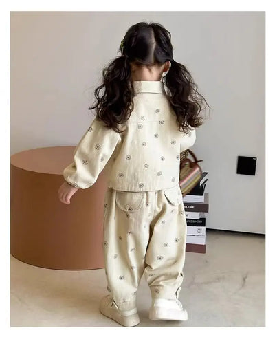 Girls Coat and Pants Two Piece Set 2025 Spring and Autumn New Korean Fashion Floral Casual Coat and Pants Two Piece Set Trend