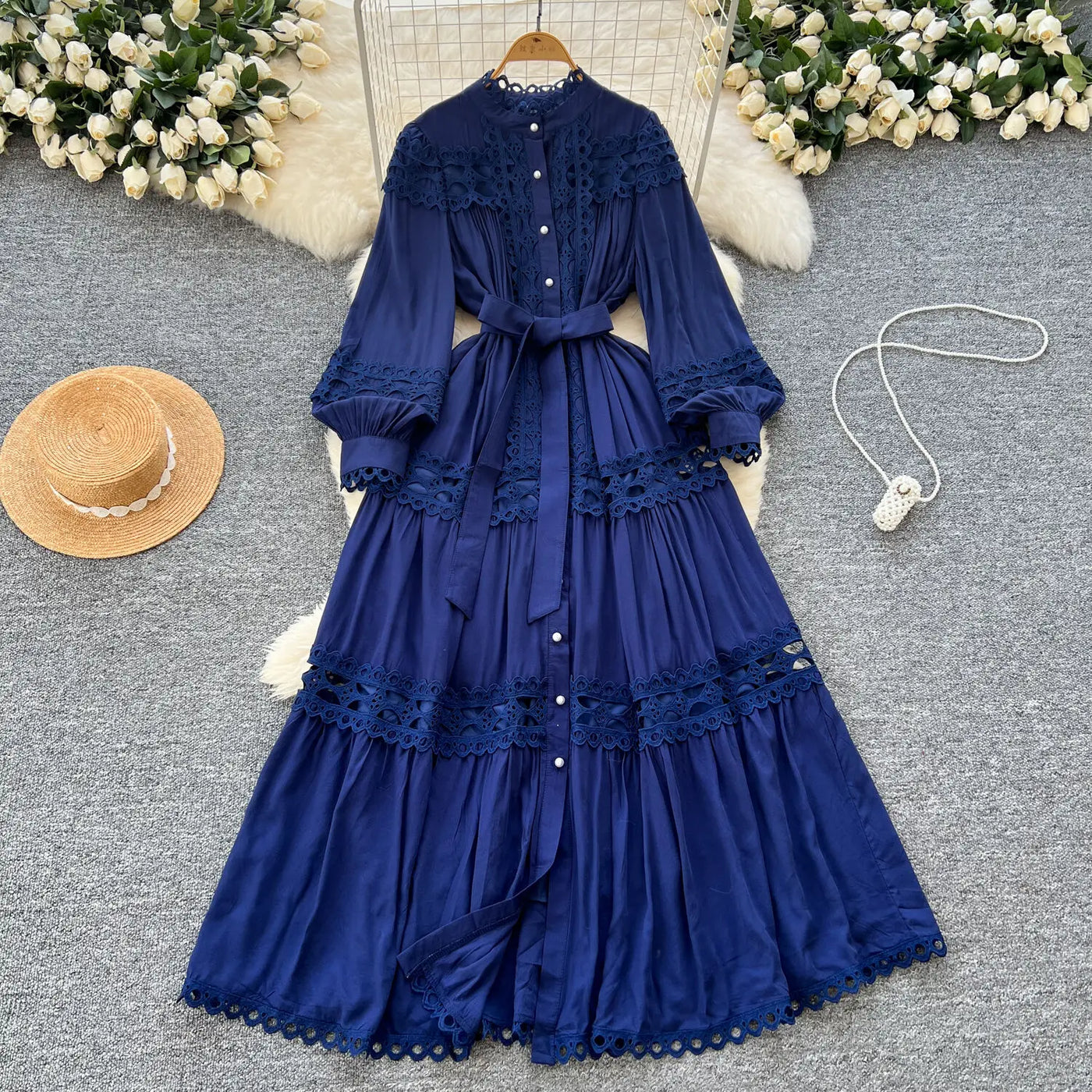 Elegant Long Maxi Hollow Out Dress Shirt Women Summer Autumn Palace Retro Pearl Button Embroidery Crochet Evening Party Vestidos