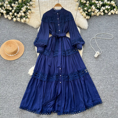 Elegant Long Maxi Hollow Out Dress Shirt Women Summer Autumn Palace Retro Pearl Button Embroidery Crochet Evening Party Vestidos