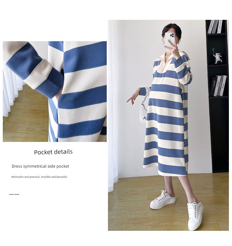 2025 Spring Clothing New Arrival K-style Plus Size Maternity Stripes Dress Fashionable Mom Pullover Sweatshirt Lapel Long Skirt