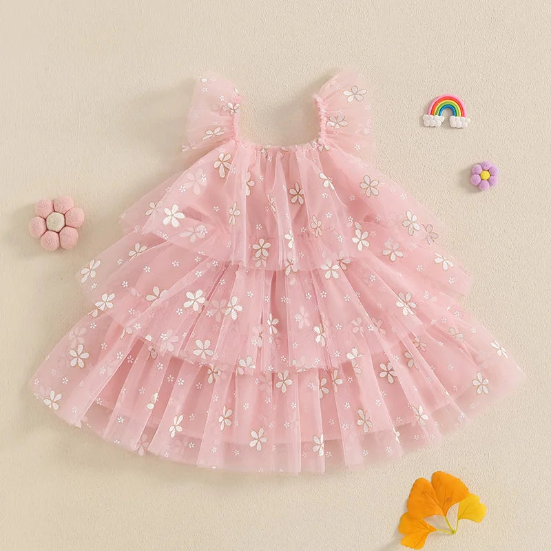 MISOWMNJOY Summer Chiffon Baby Girls Tulle Dresses Princess Daisy Print Flying Sleeve Kids A-Line Tiered Ruffle Layered Sundress