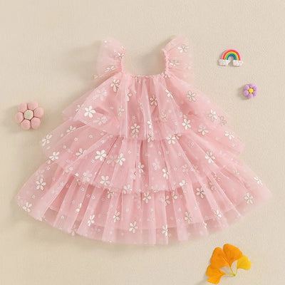 MISOWMNJOY Summer Chiffon Baby Girls Tulle Dresses Princess Daisy Print Flying Sleeve Kids A-Line Tiered Ruffle Layered Sundress