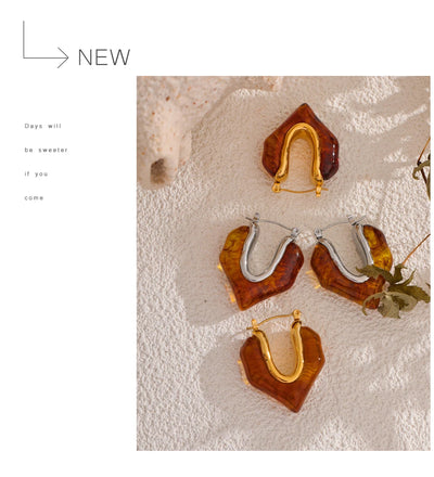Yhpup Fashion Amber Resin Geometry Hoop Earrings Trendy Stainless Steel 18K PVD Plated Jewelry Accessories Gift