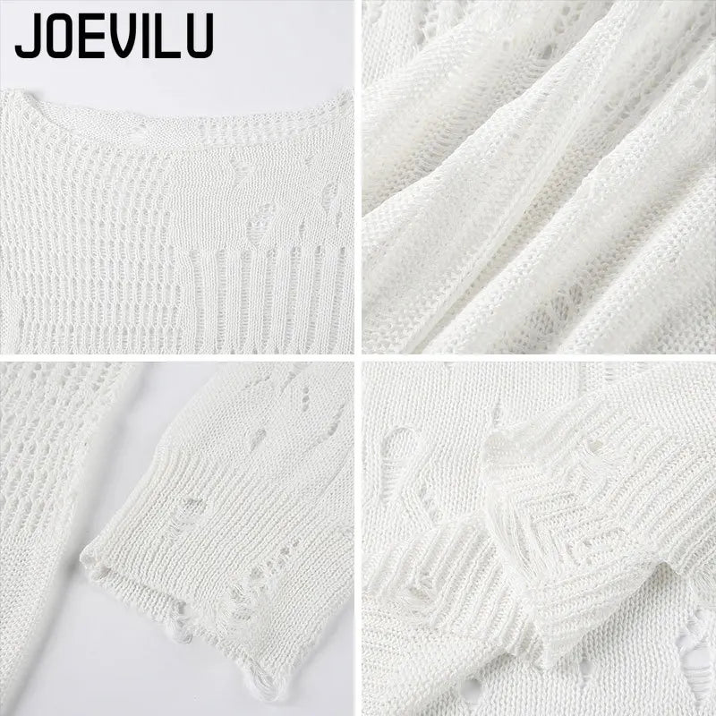 Women's Vintage Gothic Hollow Knit Sweater with Ripped Holes Grunge Y2K Style Thin Long Sleeve Loose Fit Summer Top in Black