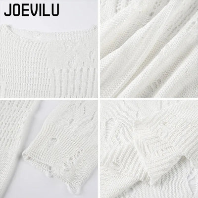 Women's Vintage Gothic Hollow Knit Sweater with Ripped Holes Grunge Y2K Style Thin Long Sleeve Loose Fit Summer Top in Black