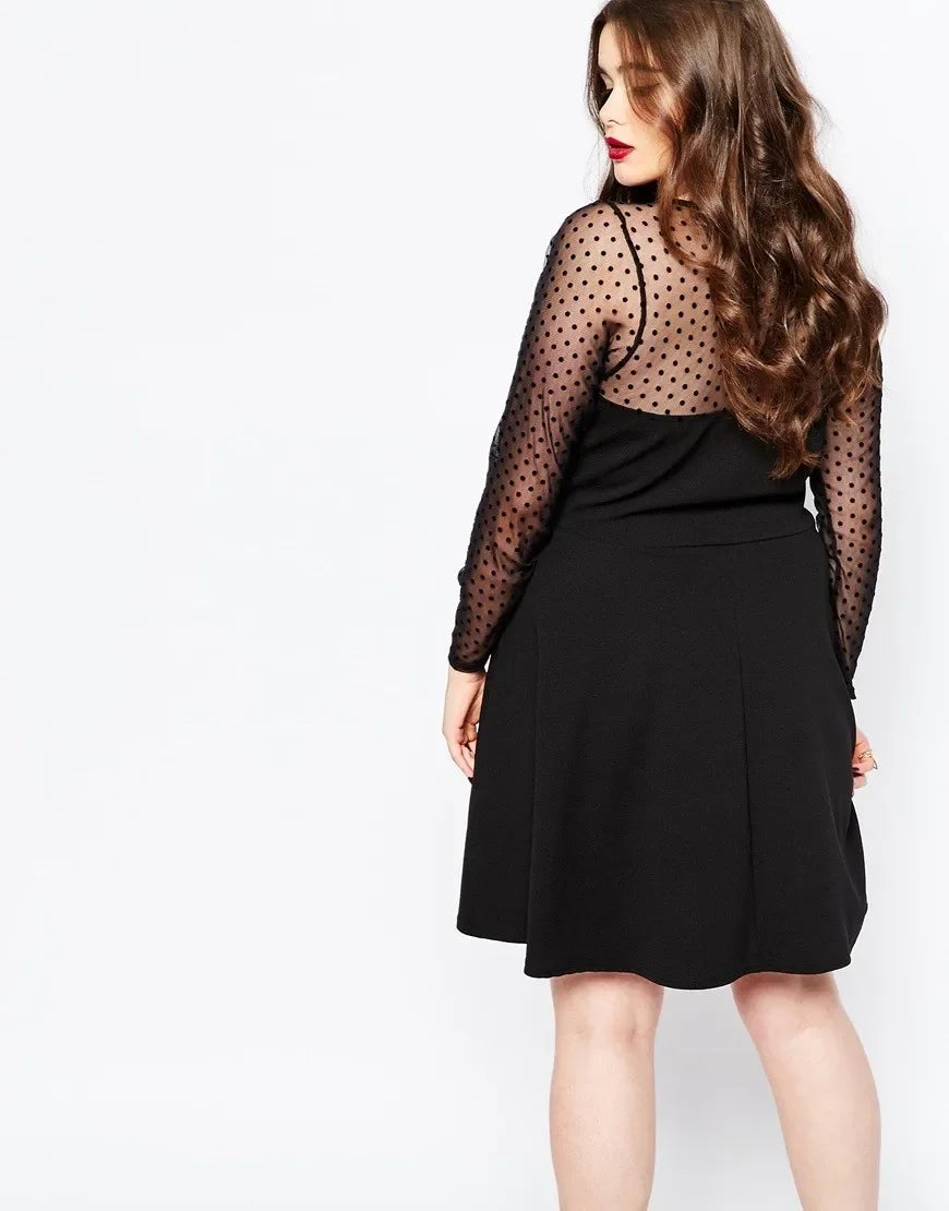Plus Size Elegant A-line Dress Women Dot Print Long Mesh Sleeve Spring Autumn Fit And Flare Knee Length Office Party Dress 6XL