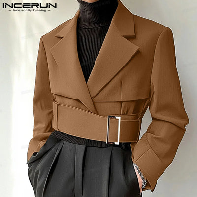 Fashion Well Fitting Tops INCERUN New Men Deconstruct Metal Buckle Suit Coat Casual Streetwear Cropped Long Sleeved Blazers 2025