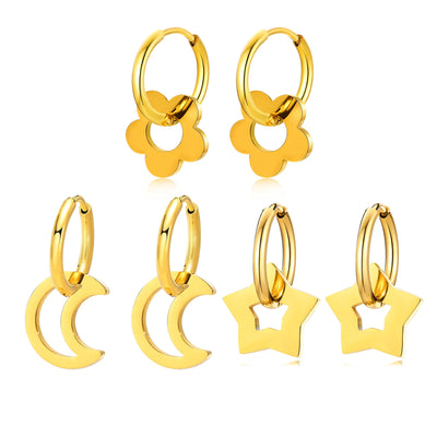 Gold Color Flower Earrings, Stainless Steel Huggie Hoop Earrings, Hypoallergenic Retro Style Bohe Ear Jewelry