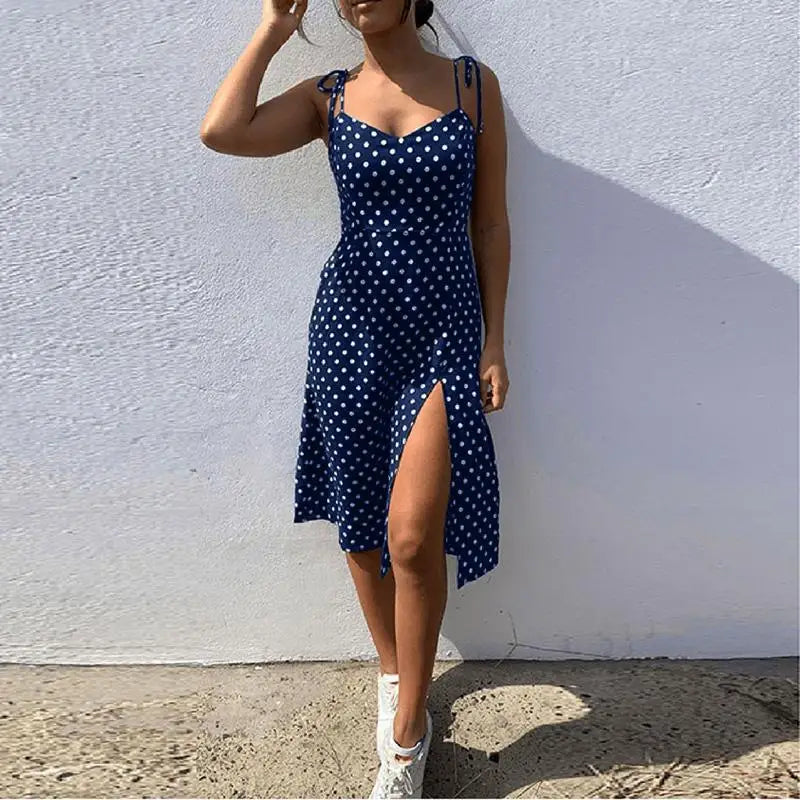 Dresses 2024 Sundress Summer Women Causal Polka Dot Sleeveless High Pleated elastic waist V-Neck Beach Dress Vestidos De Verano