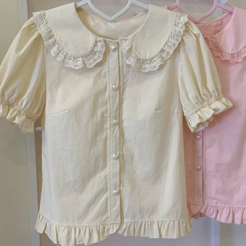 Puff Short Sleeve Lace Ruffles Blouse