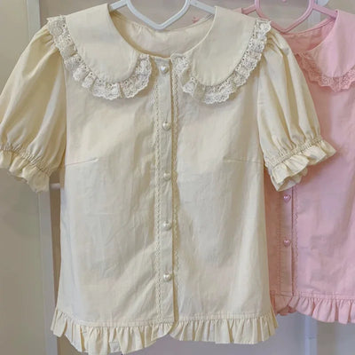Puff Short Sleeve Lace Ruffles Blouse