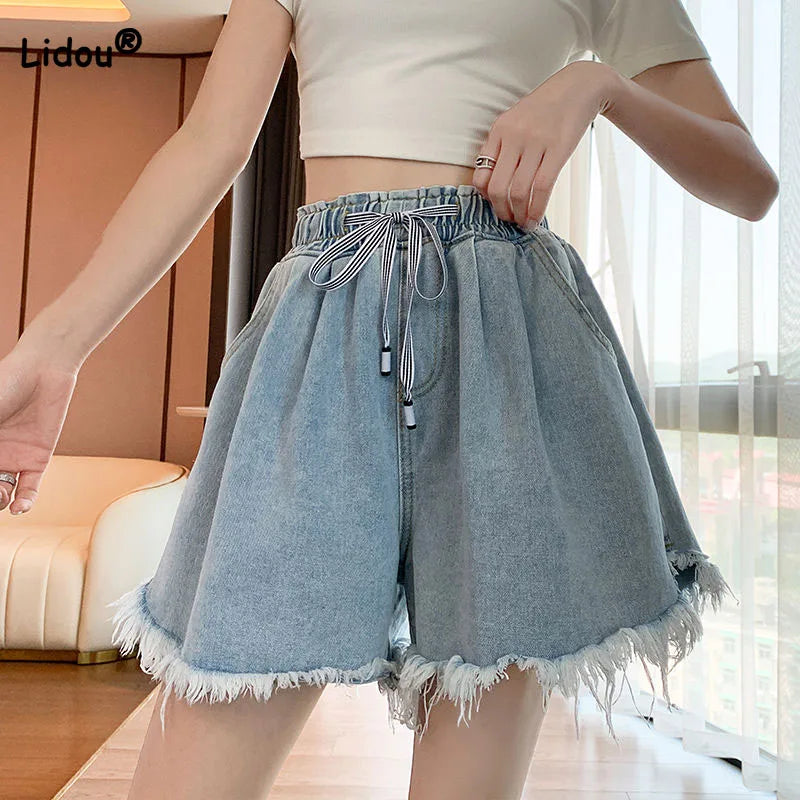 Korean Simplicity High Waist Wide Leg Denim Shorts Fashion Women's Clothing Summer Female All-match Loose Drawstring Shorts
