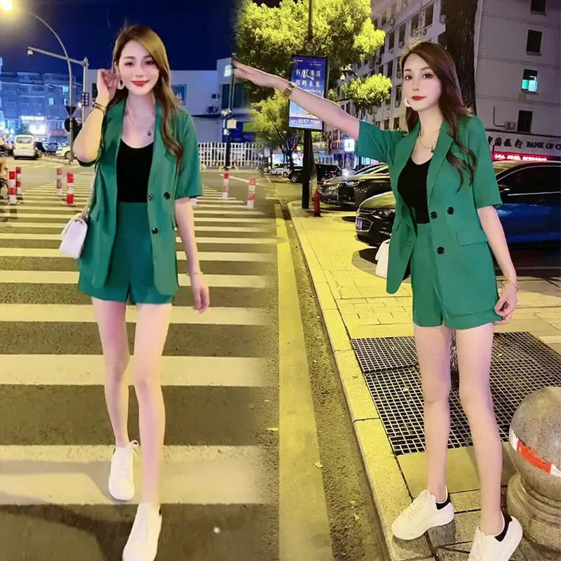 Women's 2025 New Summer High-end Fashion Outfits And Suit Collar Short Sleeve Solid Coat Pop Shorts Two Piece Set Women Clothing