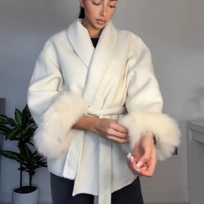 Elegant Fur Lapel Long Coat Women With Belt Woolen Full Sleeve Lace Up Loose Thicken Overcoat 2025 Spring Solid Pocket Outwear