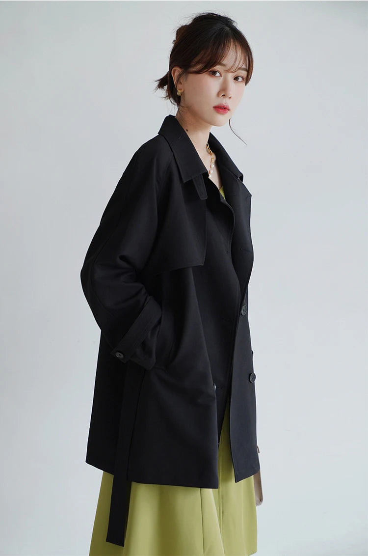 Women Spring Fall Short Trench Coat Korean Style Loose Fit Casual Khaki Jacket Petite-Friendly Versatile and Stylish Outerwear