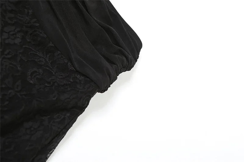 Y2K Goth Dark Irregular Hem Lace Patchwork Mid Skirts Women Streetwear Fairy Slim Pleat A-line Skirt Mall Goth Fashion Bottoms