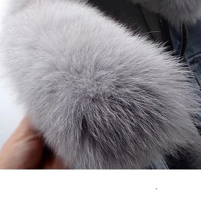 Short Thicken Denim Jacket For women 2025 Autumn Winter Detachable Imitation Fox fur Zipper Denim Coat Female Warm Parker Tops