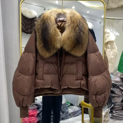 Fashionable Women's Winter Down Jacket Cropped Fox Fur Collar High End 90% White Duck Feather Coat Thick Long Sleeves